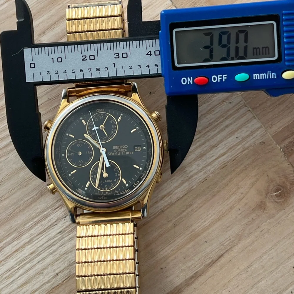 Seiko World Timer Rare Men’s Chronograph Watch Alarm Black Dial New Bracelet